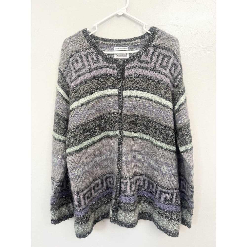 Vintage Hand Embroidered Womens Cardigan Size XL Nordic Fair Isle Purple Mohair